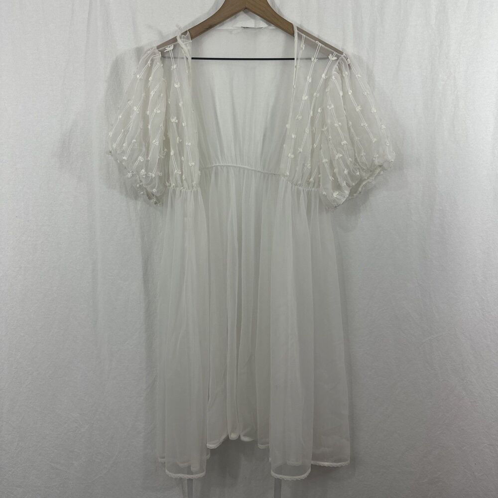 Miss Elaine Vtg Sheer Bow Detail White Puff Sleeve Coquette Peignoir Sz M *READ*
